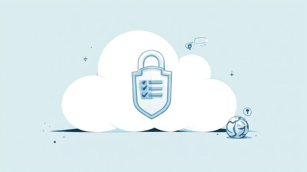 A digital illustration of a shield icon with a lock, representing cloud security and compliance.