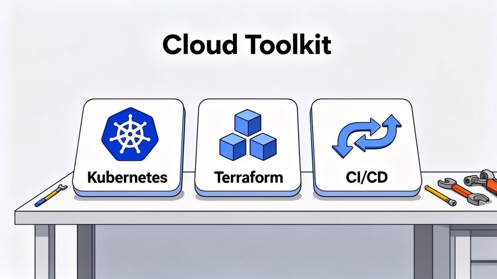 A 'Cloud Toolkit' graphic featuring Kubernetes, Terraform, and CI/CD tools on a white table.