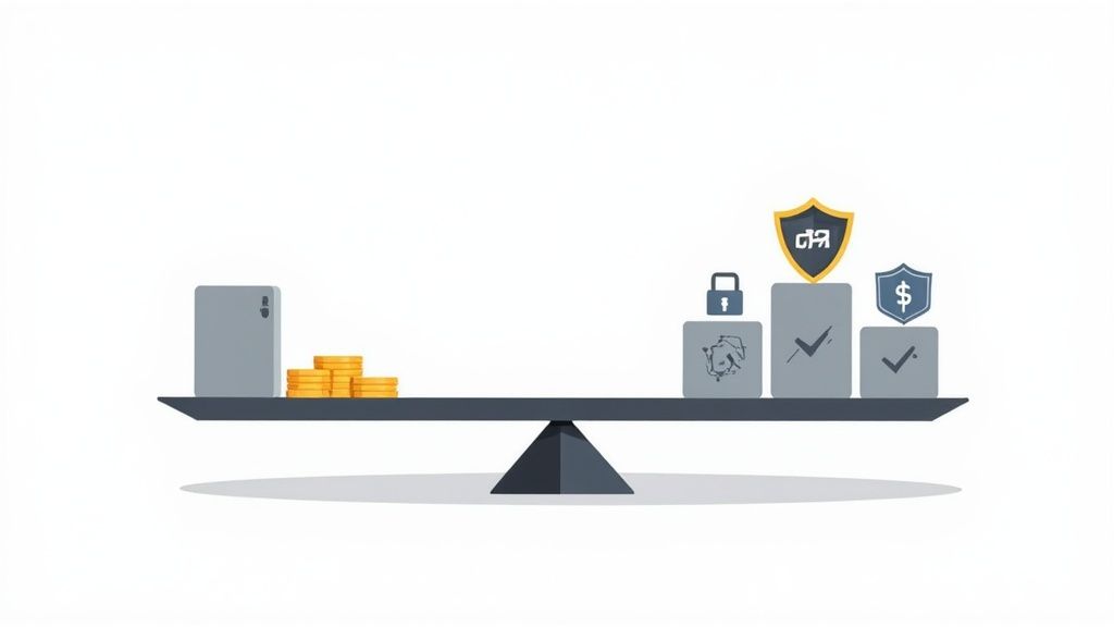 A balance scale showing a large gray block and gold coins versus smaller blocks with security, compliance, and financial icons.