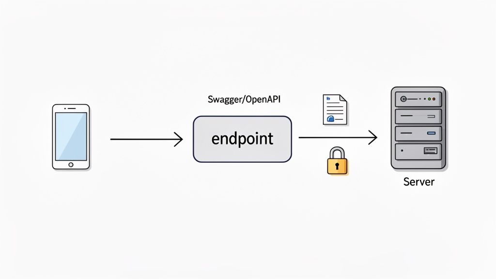 Diagram illustrating a mobile phone interacting with a server via a secured API endpoint with OpenAPI documentation.
