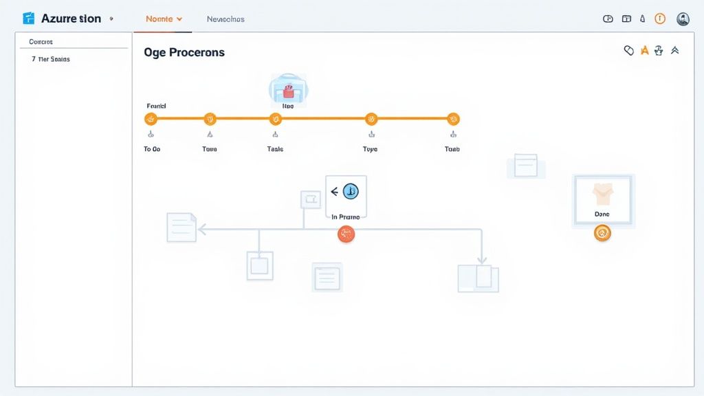 A Kanban board in Azure Boards showing columns like 'New', 'Active', 'Resolved', and 'Closed', with work item cards distributed across them.