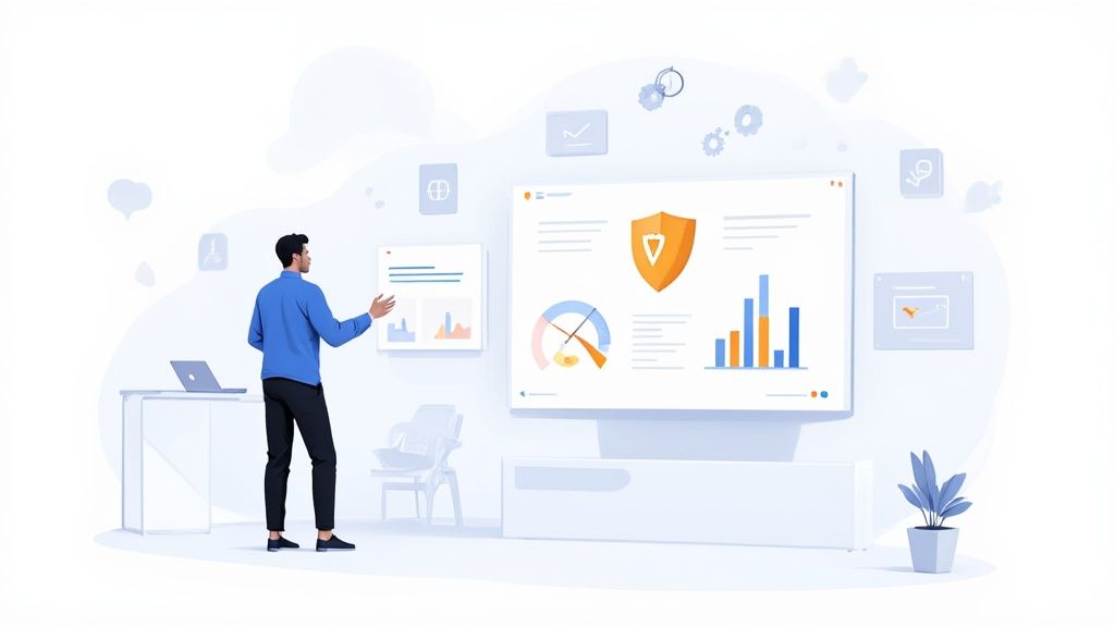 A man presents data visualizations and security metrics on a large screen, showing data management and analytics.