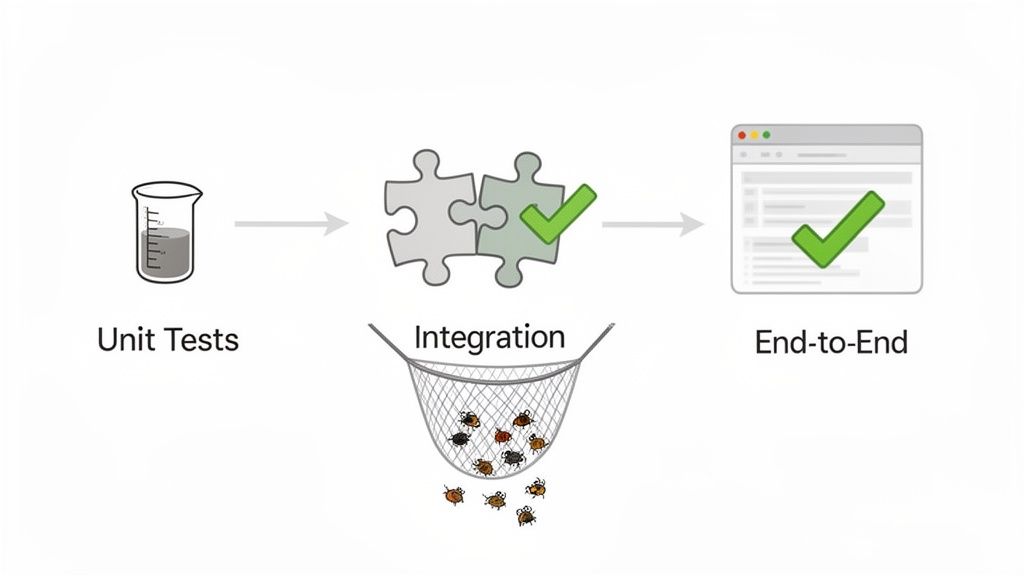 A diagram illustrating software testing stages: unit tests, integration testing catching bugs, and end-to-end testing.