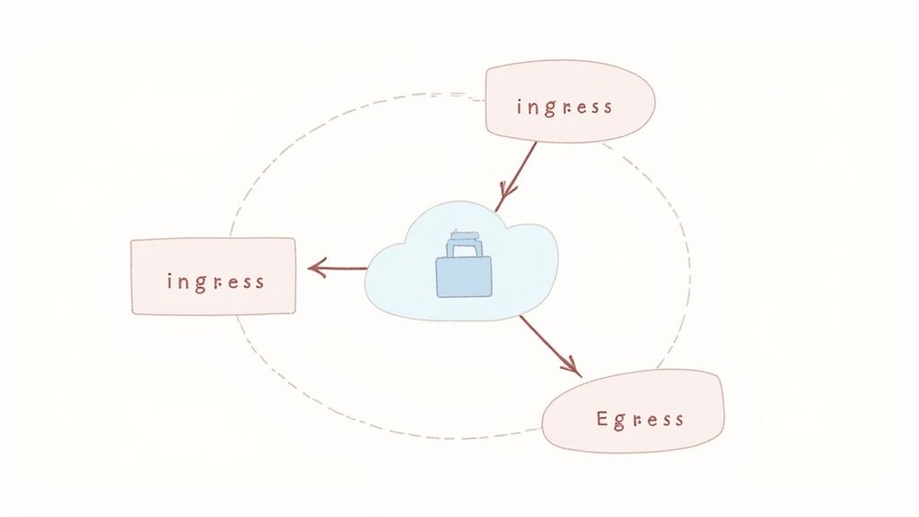 Diagram showing Kubernetes ingress and egress traffic flow through cloud security gateway with lock icon