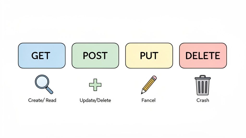 An illustration of HTTP methods GET, POST, PUT, DELETE, with associated icons and humorous descriptions.