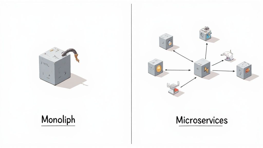 Illustration comparing monolithic architecture (single block with broken key) with microservices (interconnected smaller blocks).