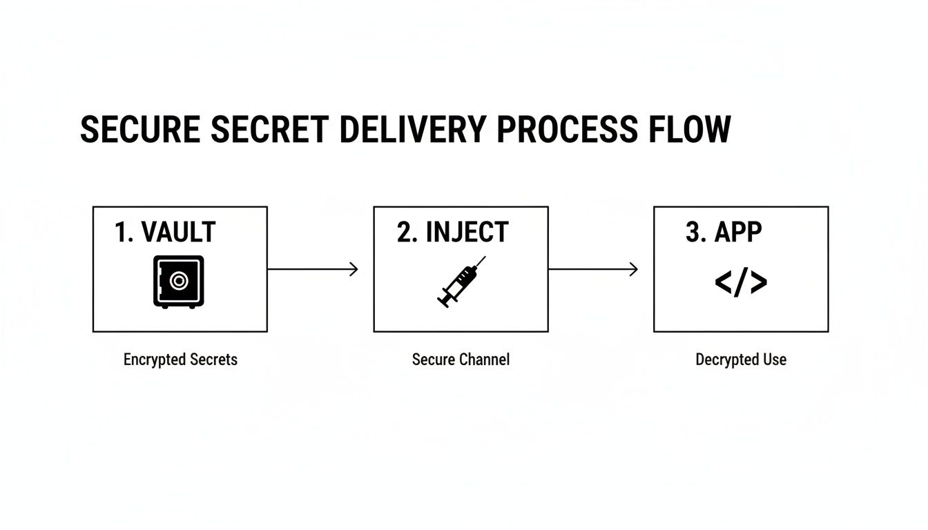 Diagram illustrating a secure secret delivery process flow from a vault of encrypted secrets to an app for decrypted use via a secure channel.
