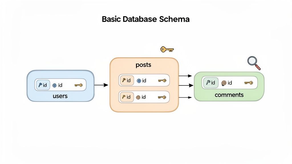 A diagram illustrating a basic relational database schema with users, posts, and comments tables.