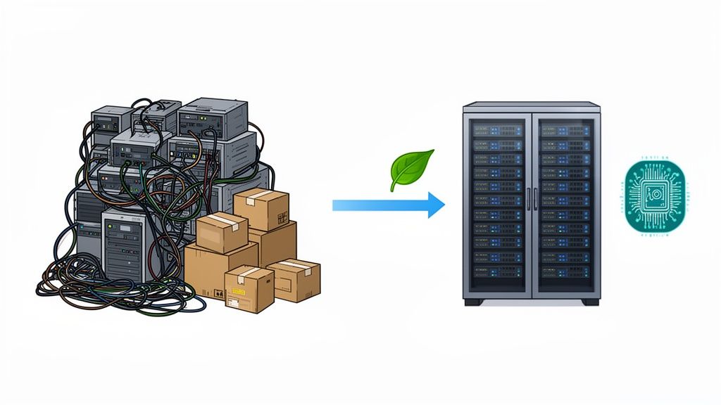 Illustration showing old, messy servers consolidating into a modern, efficient data center rack.