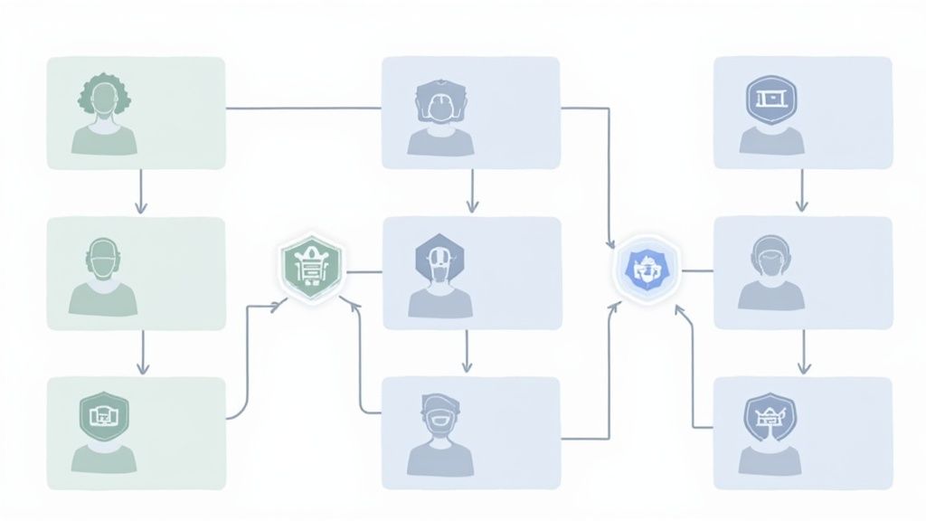 Flowchart diagram showing user authentication and security workflow with connected profile icons and security shields