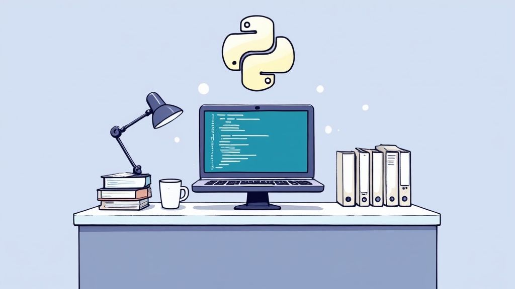 A clean, organized desk with a powerful computer, representing a well-structured Python environment for building automation scripts.
