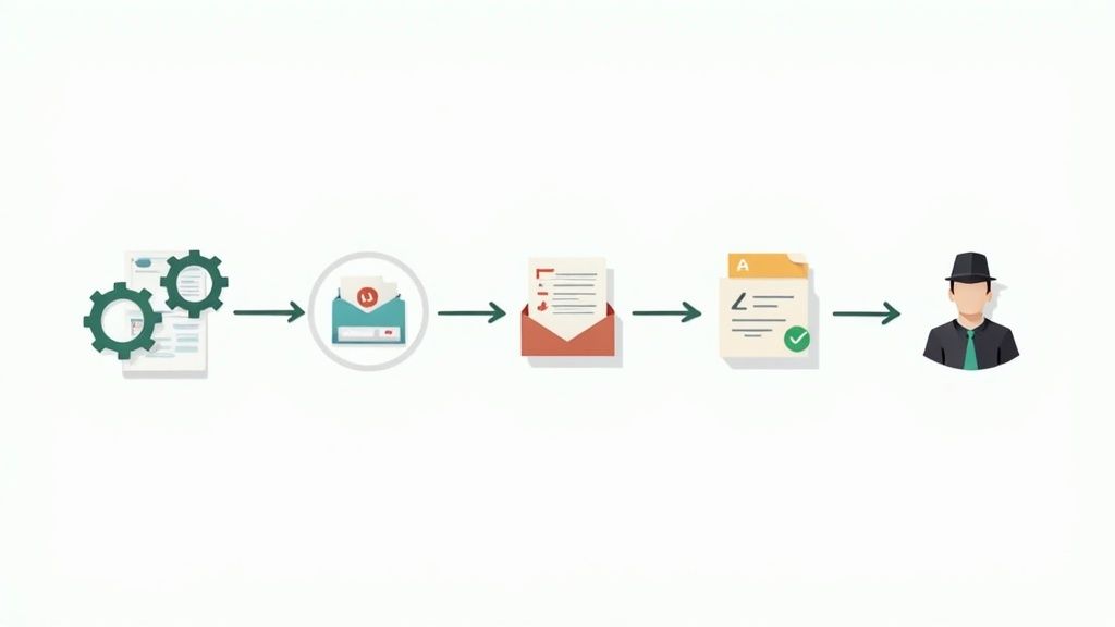 Illustration of document workflow including processing, mailing, review, and final approval for compliance.
