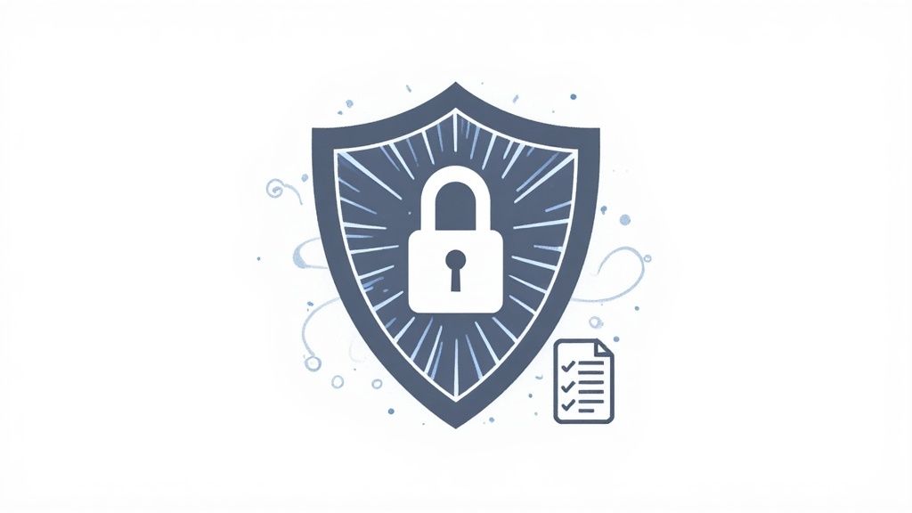 A blue shield with a white padlock and a checklist document, representing data security and compliance.