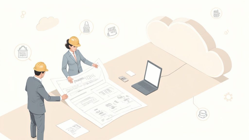 Two engineers in hard hats reviewing a large blueprint, connected to cloud services via a laptop.