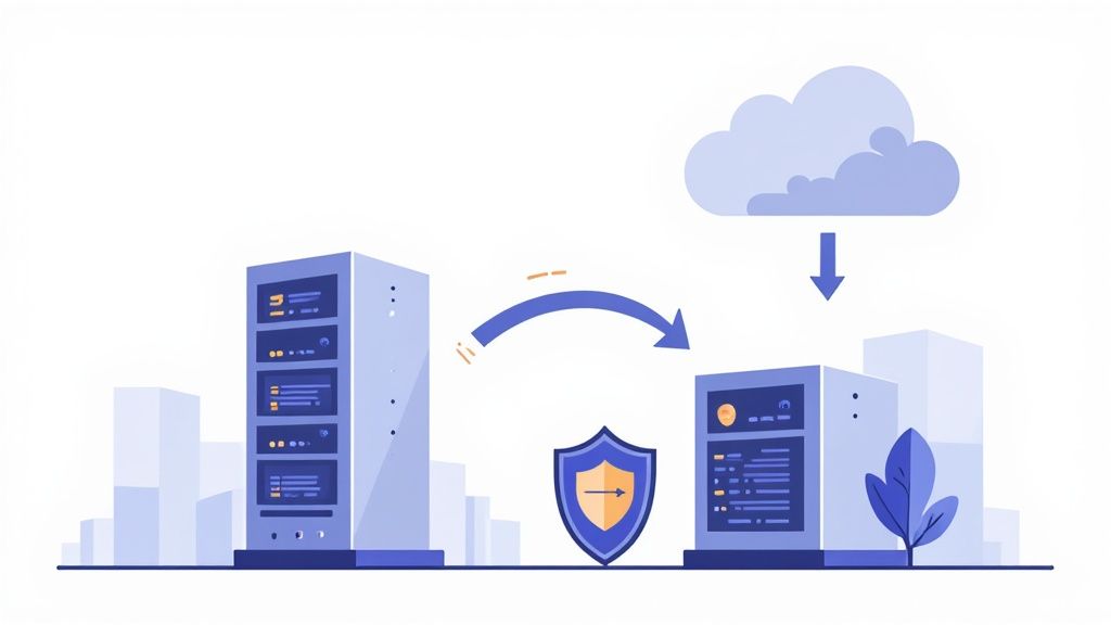 A modern, consolidated data center with organized server racks.