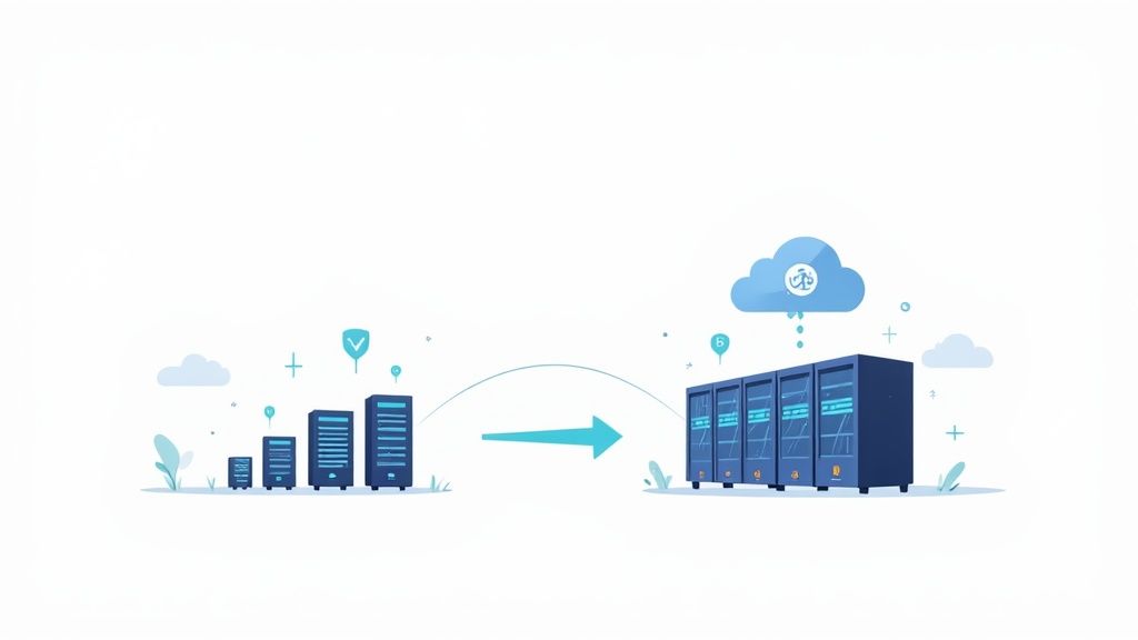 Illustration depicting server racks growing and consolidating into a large data center connected to cloud services.