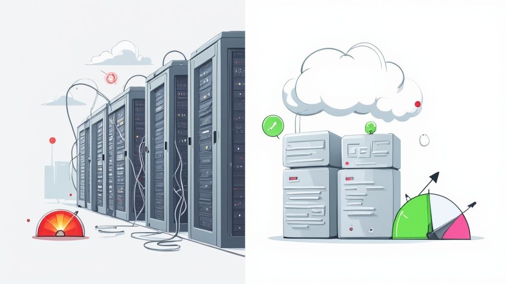 Comparison of traditional server racks and modern cloud-based data center infrastructure with analytics