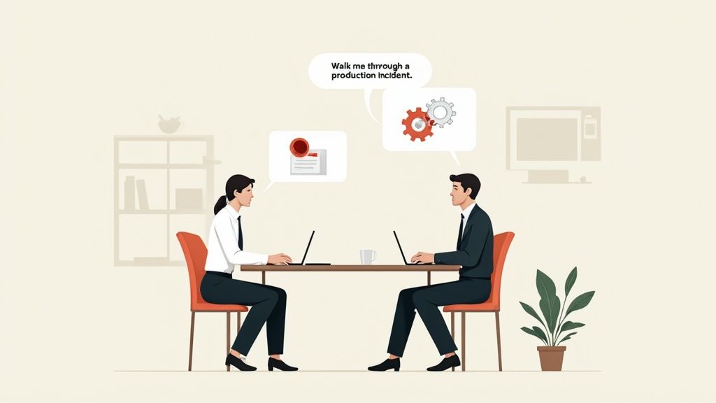 Two colleagues work on laptops, discussing a production incident in a modern office.