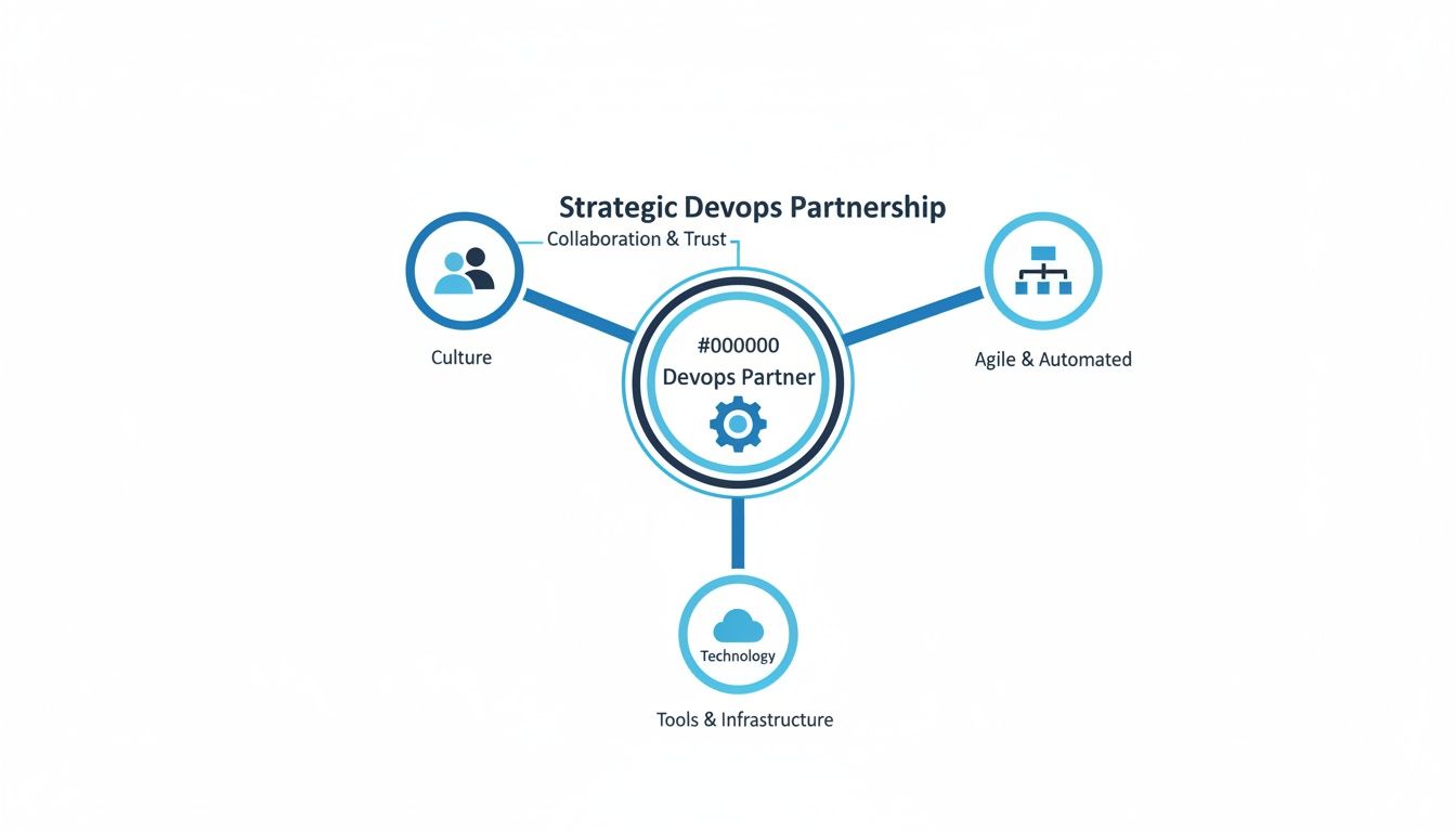 A strategic DevOps partnership model showing collaboration, agile automation, and technology infrastructure.