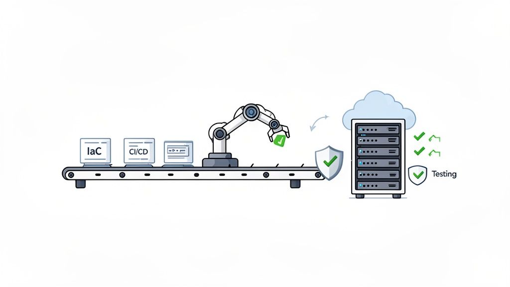 Robotic arm automates IaC and CI/CD deployment to a secure, tested cloud data center server rack.