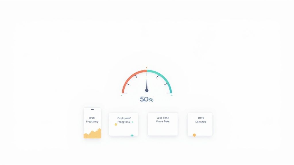 A clean digital dashboard displaying a 50% gauge and various DevOps performance indicators.