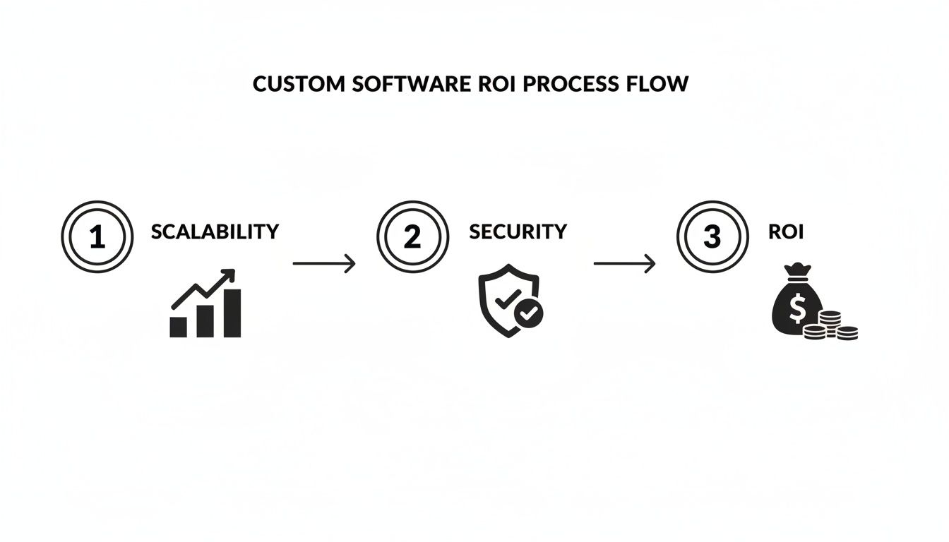 Diagram illustrating the custom software ROI process through scalability and security leading to return on investment.