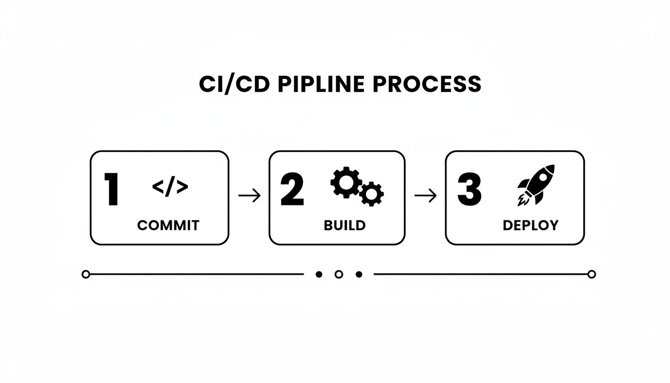 A clear diagram illustrating the three key steps of a CI/CD pipeline: commit, build, and deploy.