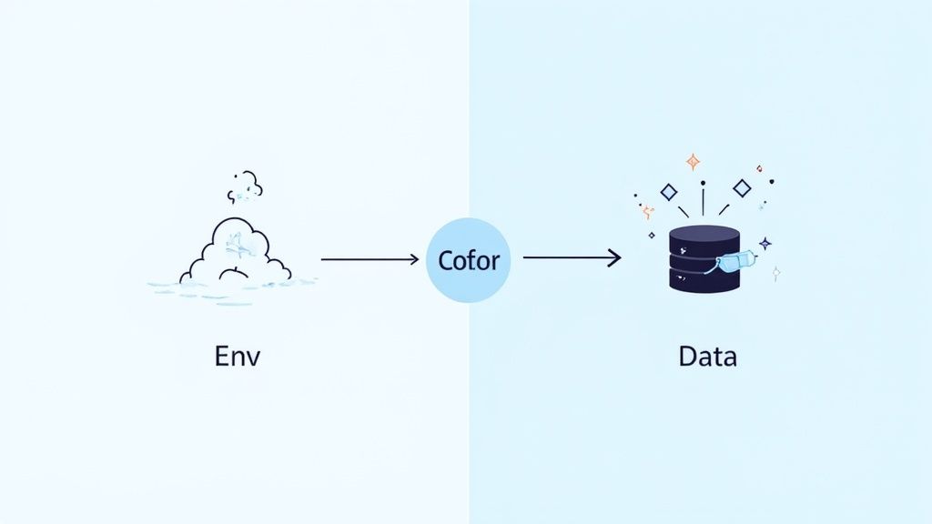 Diagram showing 'Env' (cloud) transforming through 'Cofor' to clean and secure 'Data'.