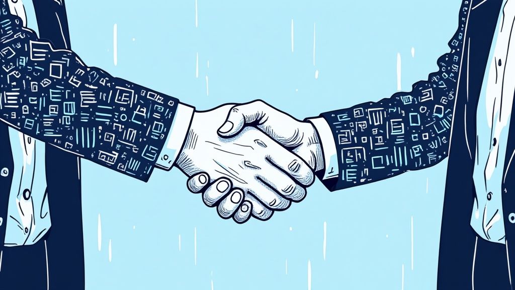 Two professionals shaking hands across a desk with data visualizations on a screen behind them, symbolizing a successful partnership.