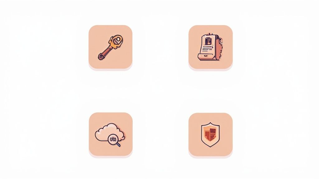 Four icons representing data security, including an access key, secure document, cloud search, and a protection shield.