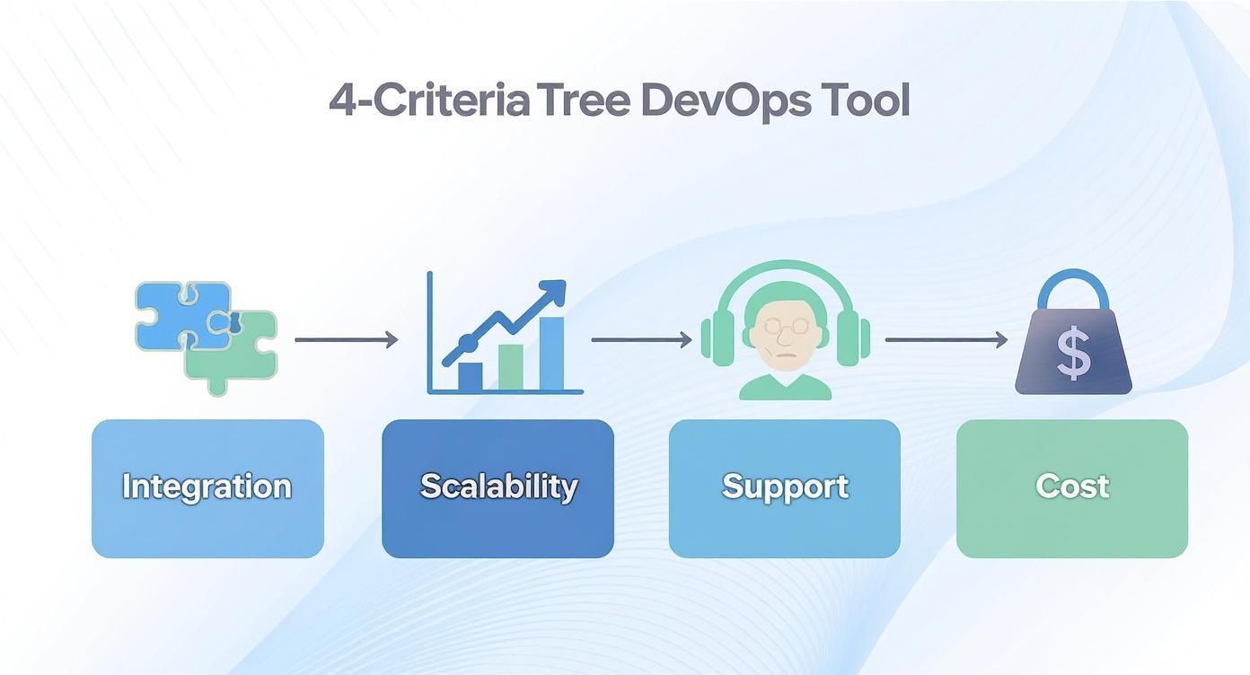 Four criteria for evaluating DevOps tools: integration, scalability, support, and cost with visual icons