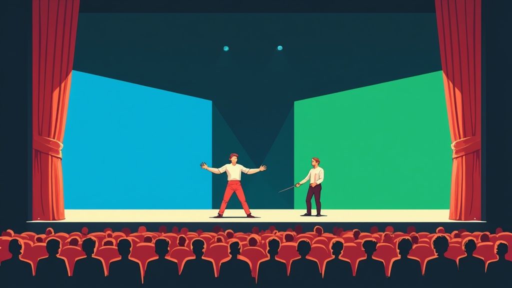 Developer team reviewing a deployment strategy on a screen, illustrating the concept of blue-green deployment