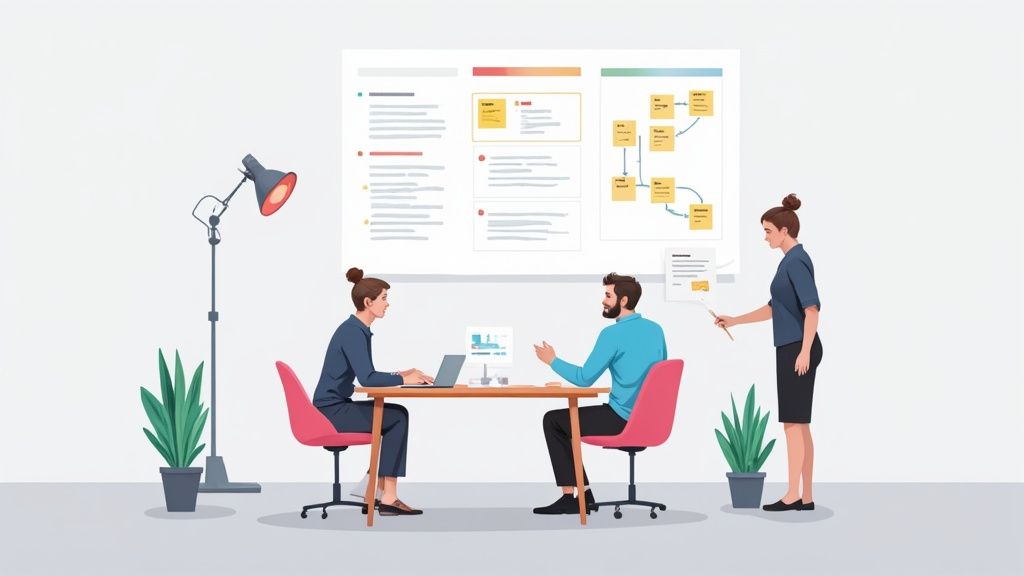 Three colleagues in an office collaborate on a project, reviewing charts on a large screen.