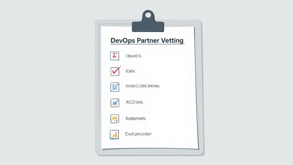 A clipboard with a 'DevOps Partner Vetting' checklist, showing various partner names and their vetting status.