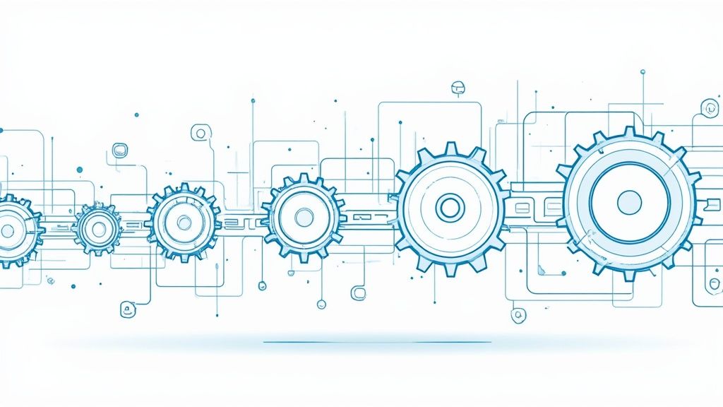 An abstract image representing interconnected data points and process flows, symbolizing hyperautomation.