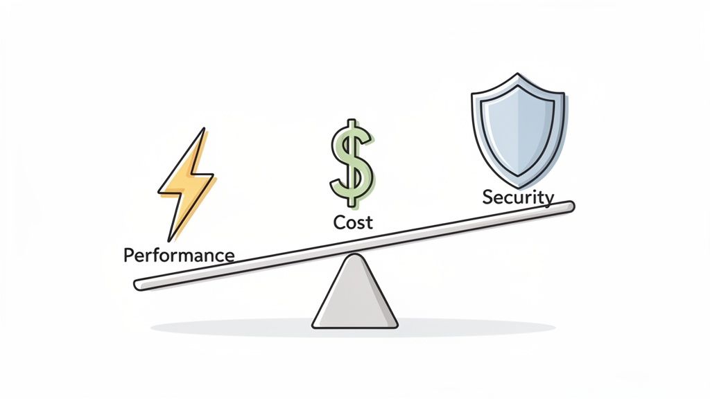 A seesaw balancing performance (lightning bolt) against security (shield), with cost (dollar sign) at the fulcrum, illustrating trade-offs.