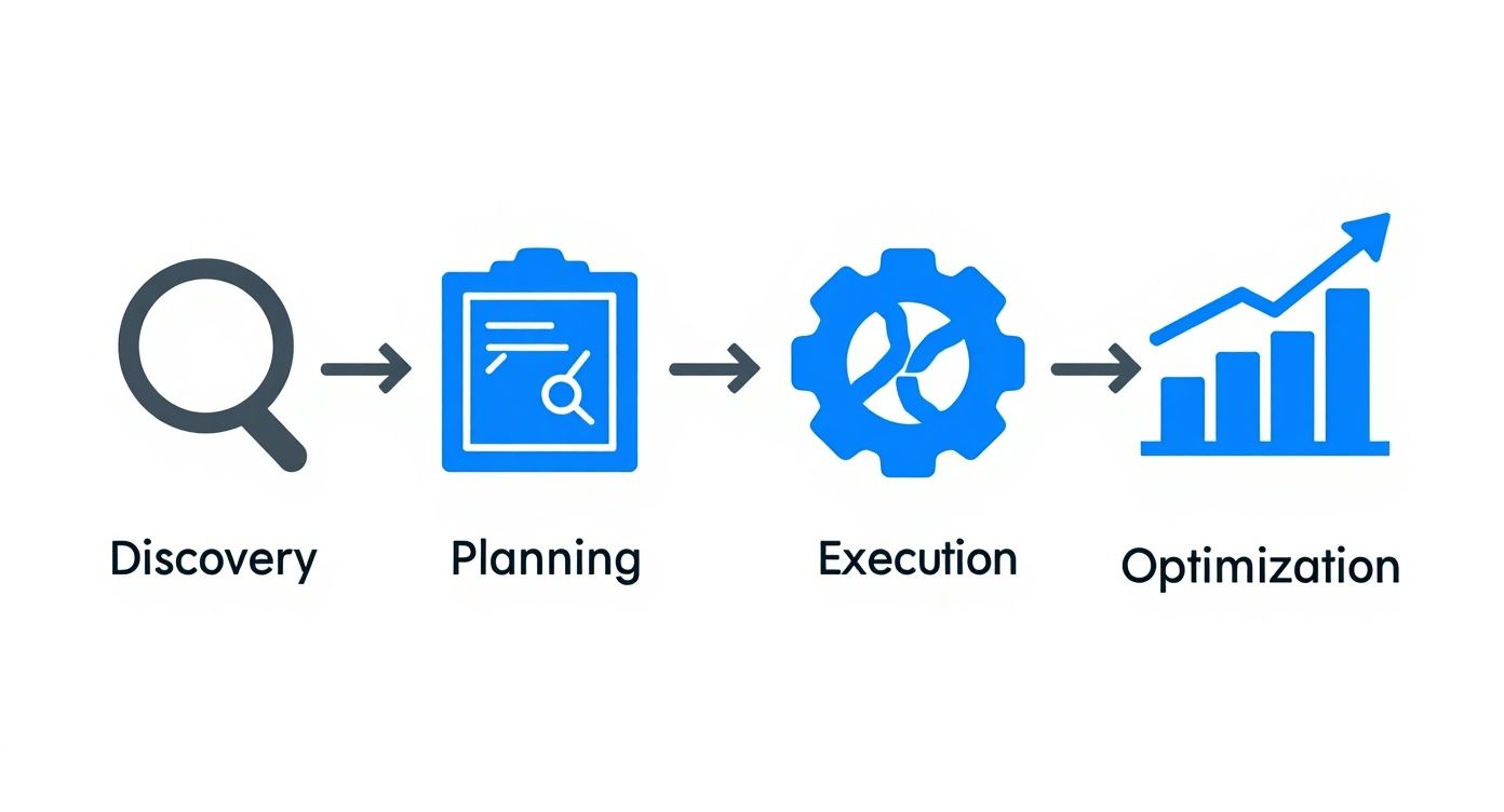 A four-step process diagram showing Discovery, Planning, Execution, and Optimization with corresponding icons.