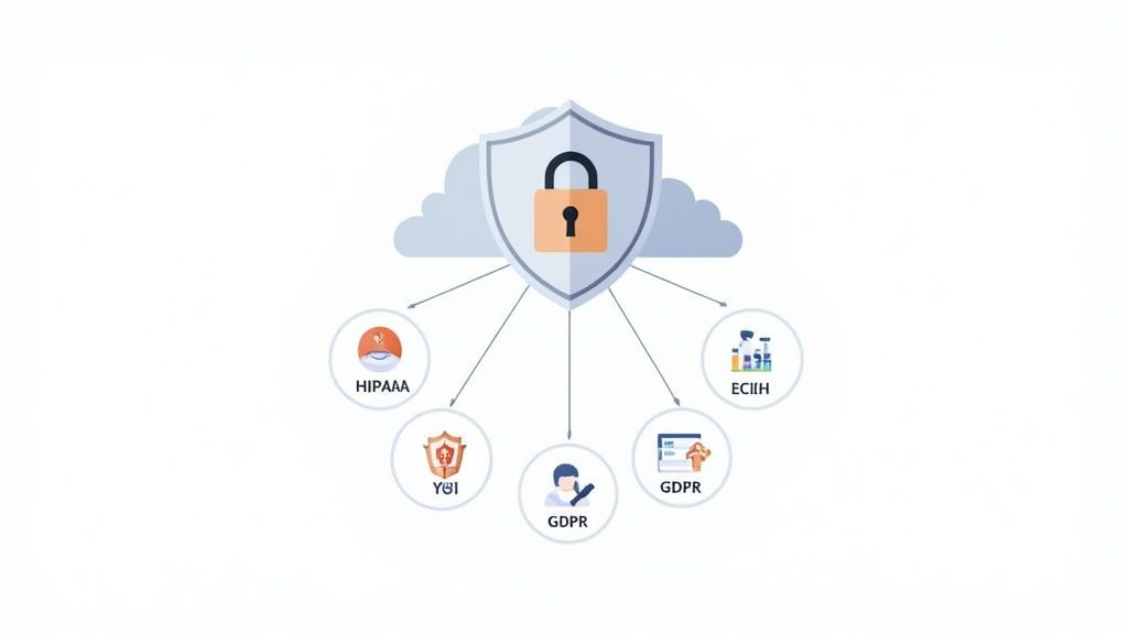 Padlock icon over a cloud graphic symbolizing cloud security and compliance