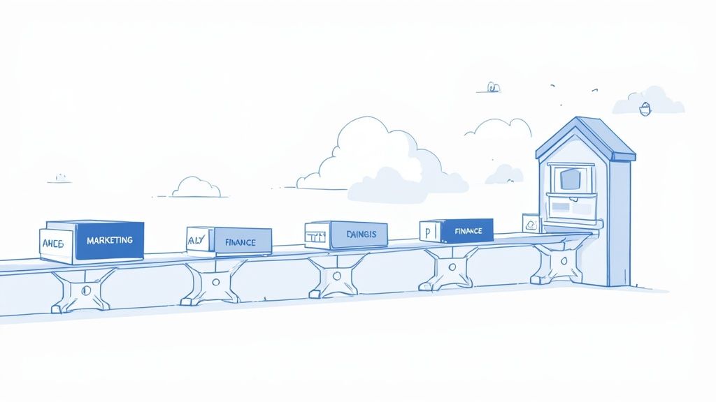 Conveyor belt carrying boxes labeled Marketing, Finance, and other business units towards a processing building.