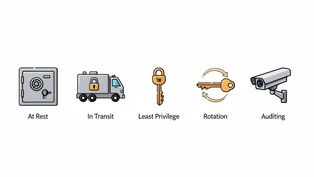 Icons illustrating five essential data security practices: At Rest, In Transit, Least Privilege, Rotation, and Auditing.