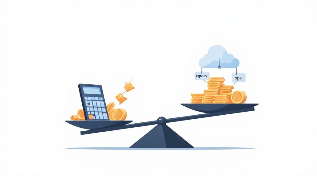 An image of a calculator and coins on a laptop keyboard, representing cloud cost calculation.