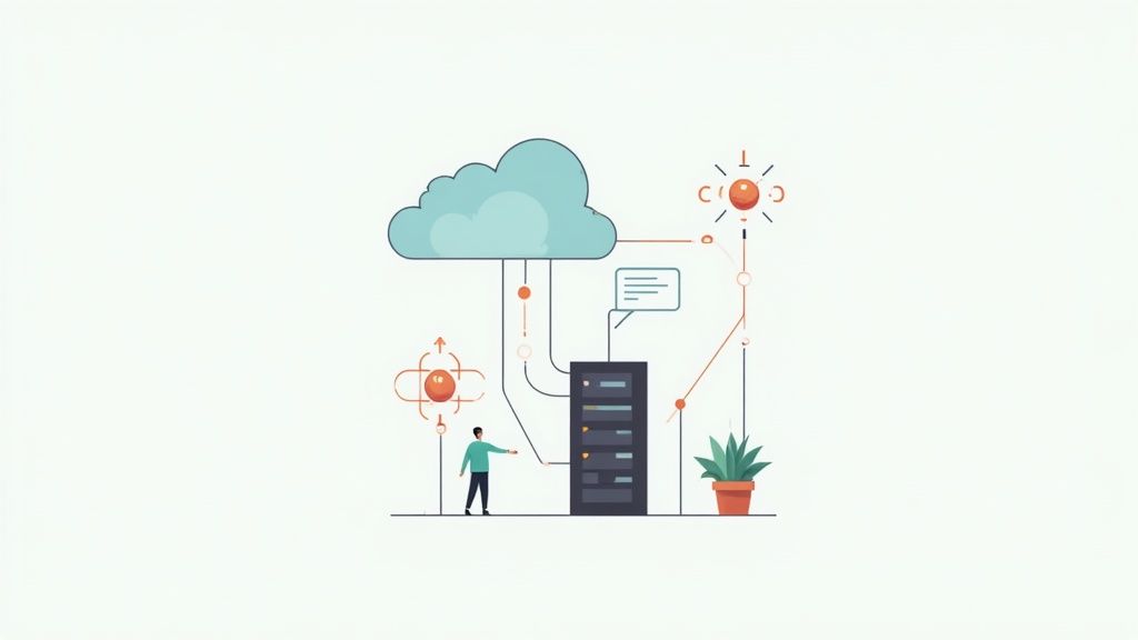 A person interacts with a server rack, cloud, and data flows in a digital computing concept.