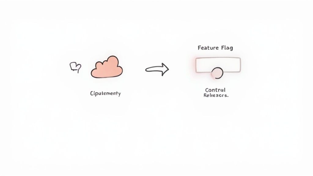Hand-drawn diagram showing a cloud and an arrow pointing to a feature flag for releases.