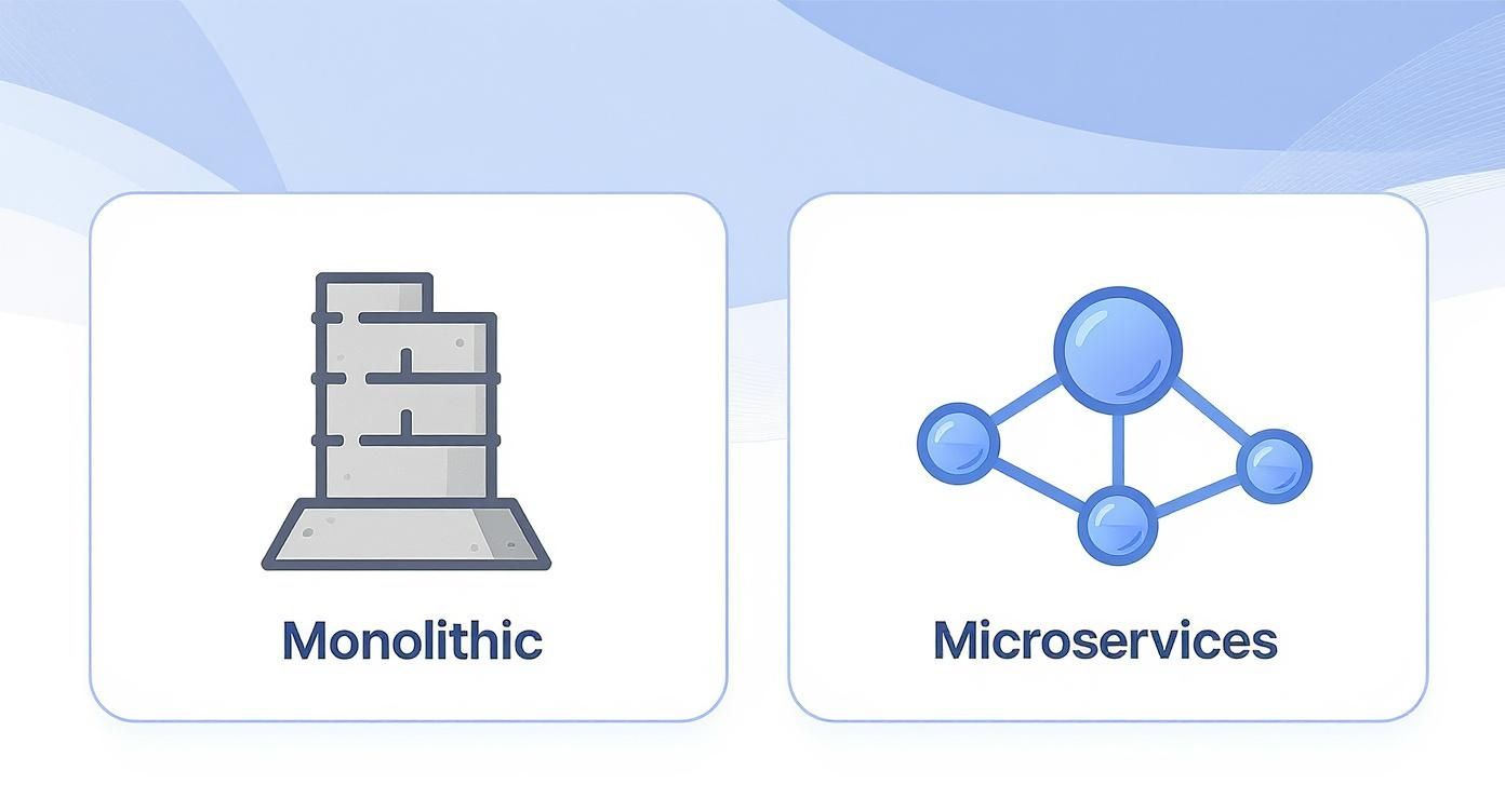 Diagram comparing monolithic architecture as a building and microservices as an interconnected network of spheres.