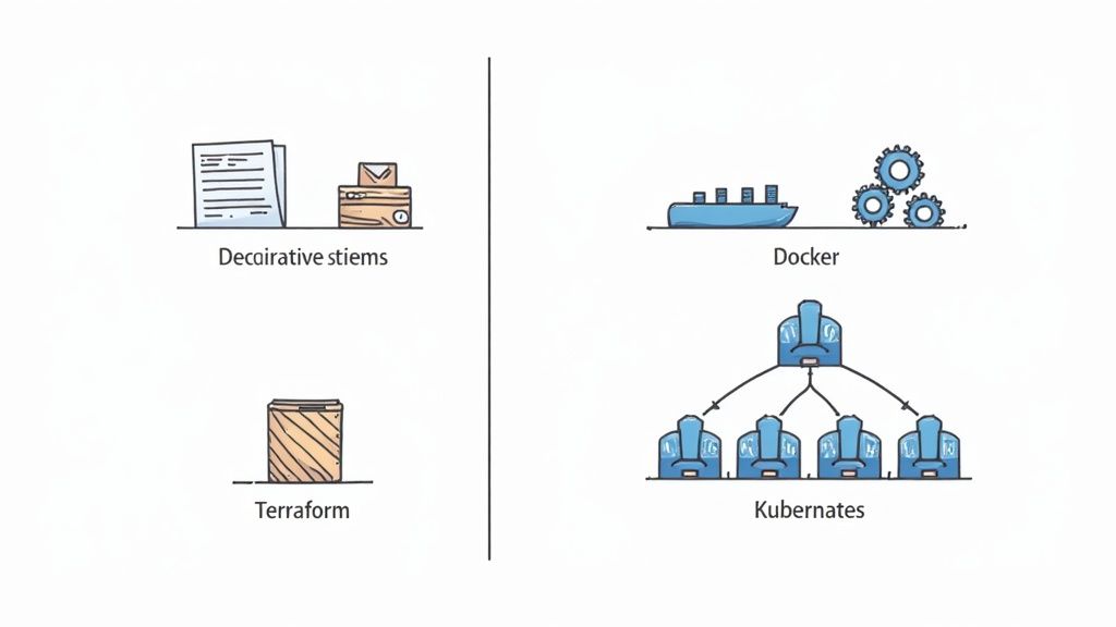 DevOps tools comparison showing Terraform, Docker, Kubernetes, and declarative configuration management systems illustrated