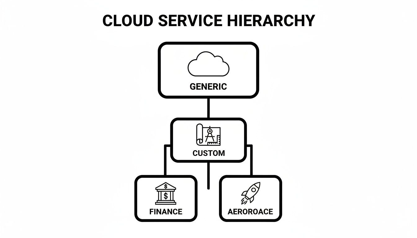 A diagram showing a cloud service hierarchy, moving from generic to custom, then branching into finance and AEROROACE services.