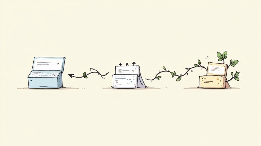 Conceptual illustration showing system transformation from a single box to interconnected, growing microservices with vines.