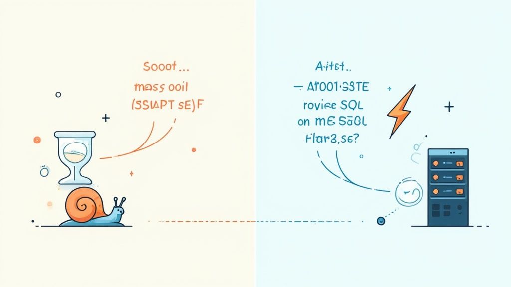A developer's hands typing on a laptop, with lines of SQL code visible on the screen, symbolizing query rewriting.
