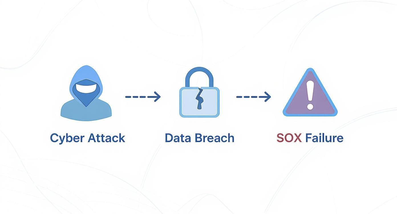 A flowchart illustrating how a cyber attack can lead to a data breach and ultimately a SOX failure.