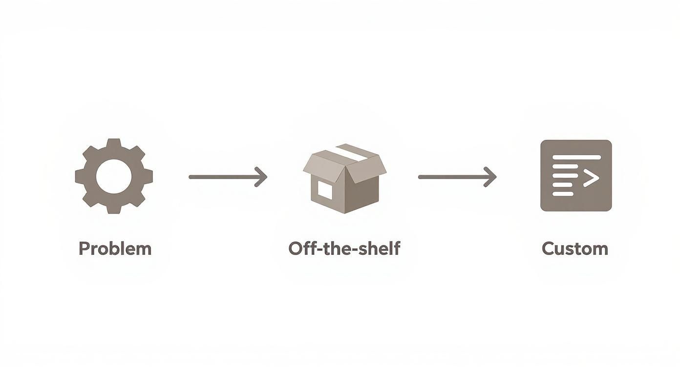 Process flow diagram showing problem to off-the-shelf and custom software development solutions.